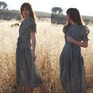 Daughters Of India Prarie Long Maxi Dress Sage Puff Shoulders Blue XS Cotton